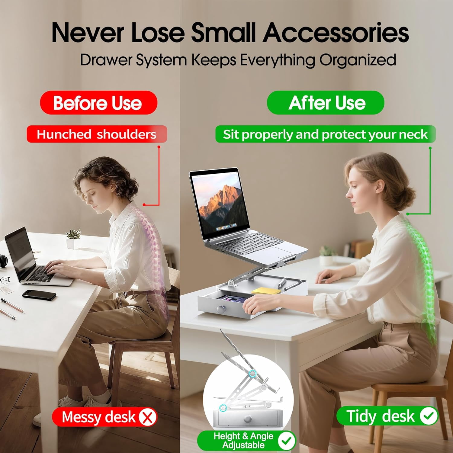 Laptop Stand with Storage Drawer, Heavy-Duty Metal Riser for Desk, Ergonomic Height & Angle Adjustment for 10–16.2 Inch Laptops, Silver