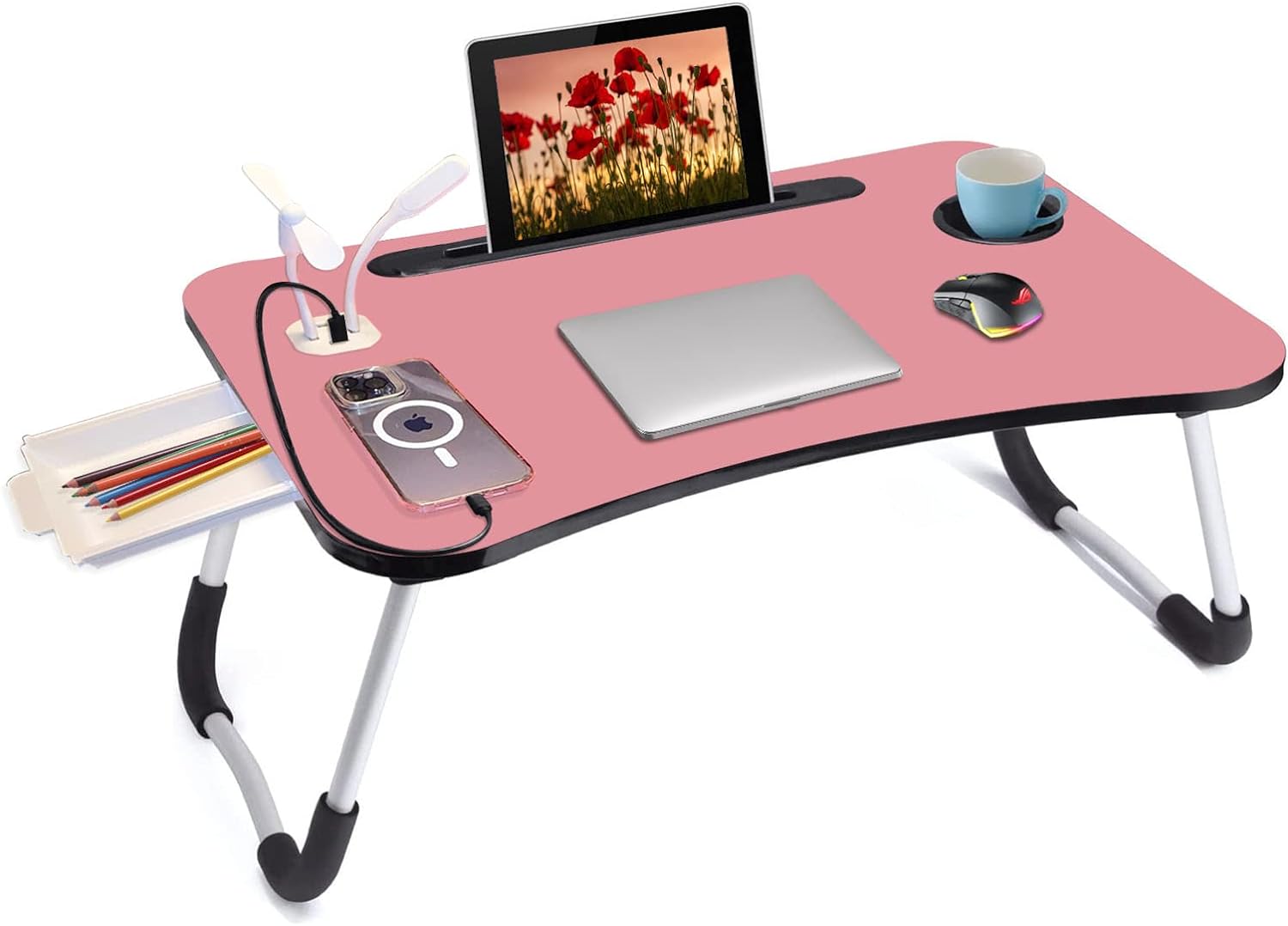Laptop Table Bed Desk Tray Upgraded With USB Ports, Pad & Cup Holder