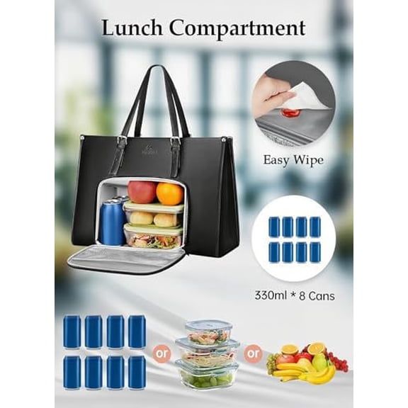 Laptop Tote Bag with Insulated Lunch Compartment, 15.6 Inch PU Leather Briefcase with Leakproof Lunch Box Pocket for Women, Convertible Lightweight Computer Work Bag Handbag for Office, Black