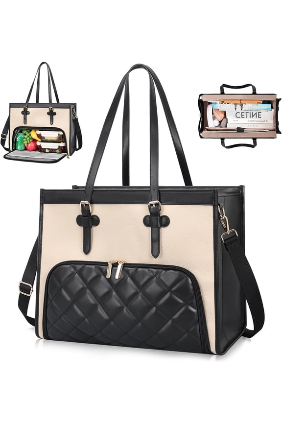 Laptop Tote Bag with Insulated Lunch Compartment, 15.6 Inch PU Leather Laptop Bag For Women, Computer Work Handbag for Teacher, Nurse, Office, Collage, Casual, Black&White
