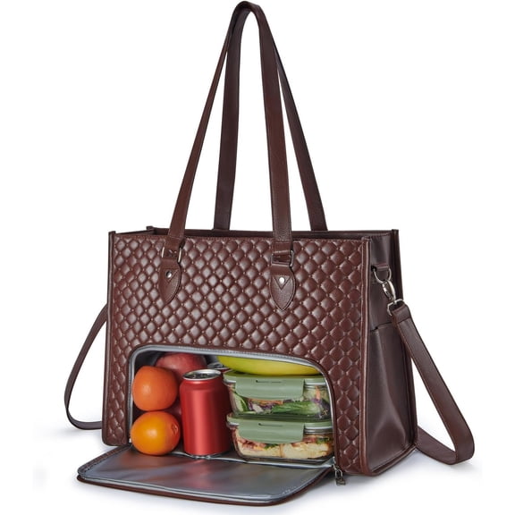 Laptop Tote Bag with Insulated Lunch Compartment for Women, PU Leather 15.6 Inch Work Bag, Elegant Computer Handbag, Versatile Business Tote for Office,Travel or Casual- Brown