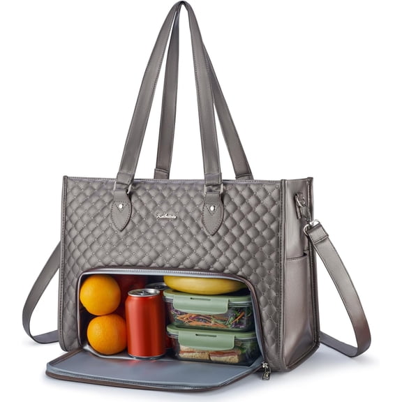 Laptop Tote Bag with Insulated Lunch Compartment for Women, PU Leather 15.6 Inch Work Bag, Elegant Computer Handbag, Versatile Business Tote for Office,Travel or Casual-Mocha Bronze