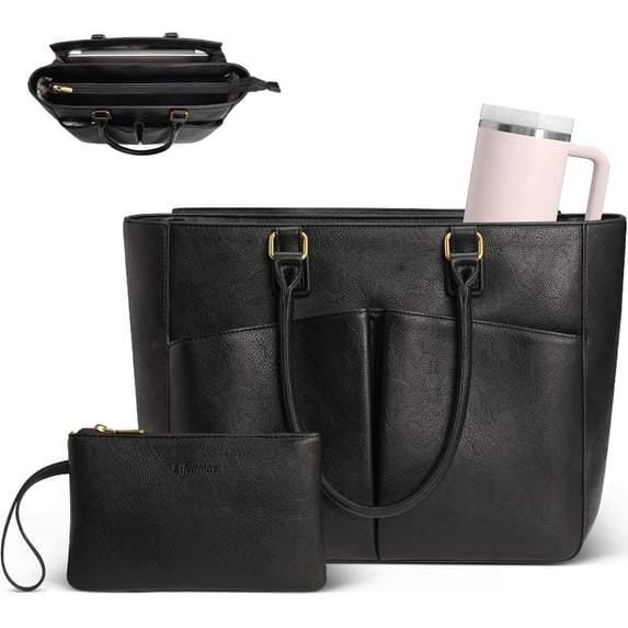 Laptop Tote Bag for Women, Leather Work Tote with Padded Laptop Compartment, Cup Holder, Office Briefcase | Structured Shape, Padded Tech Pocket, Large Capacity, Built-ln Cup Holder, Water-Resistant