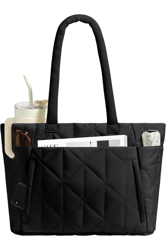 Laptop Tote Bag for Women 15.6 Inch, Quilted Work  Bag with Multiple Pockets & Luggage Strap for Office Travel