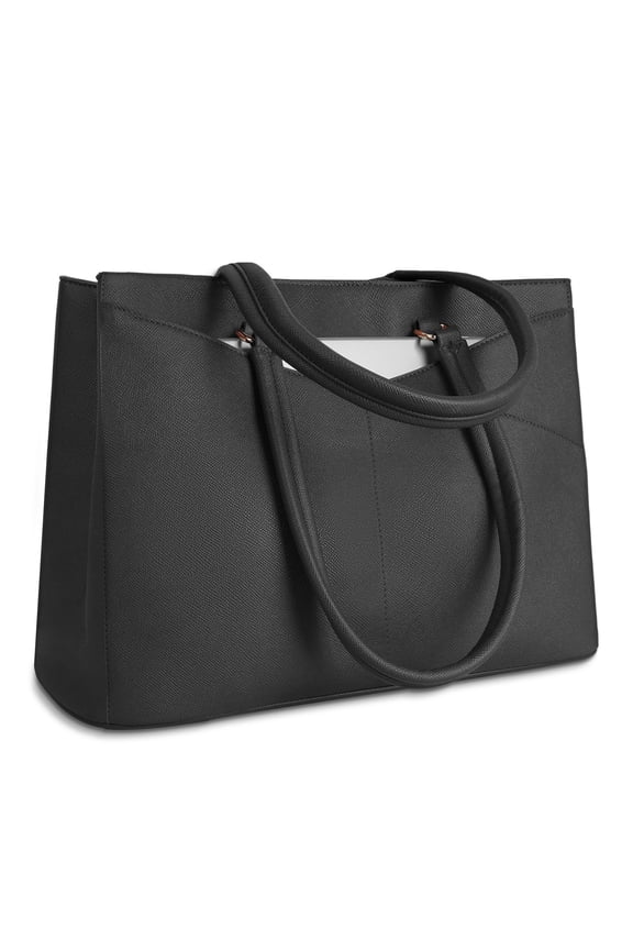 15.6 Inch Leather Laptop Tote Bag for Women, Waterproof Computer Briefcase & Work Bag for Office, Business, College, Travel, Leather Messenger Bag, Black