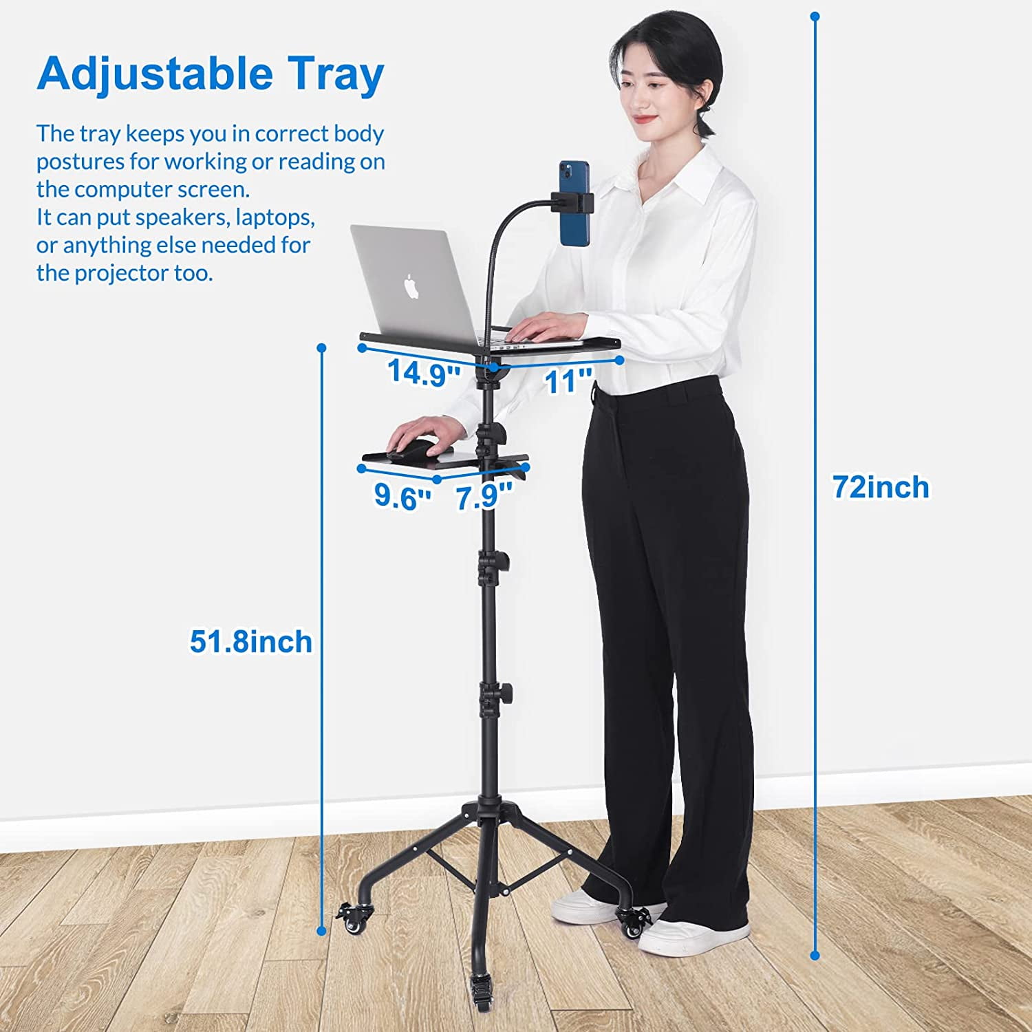 Laptop Tripod Stand with Wheels and Shelves, Adjustable Projector Floor Mount 25.9-51.8 Inch for Home Office