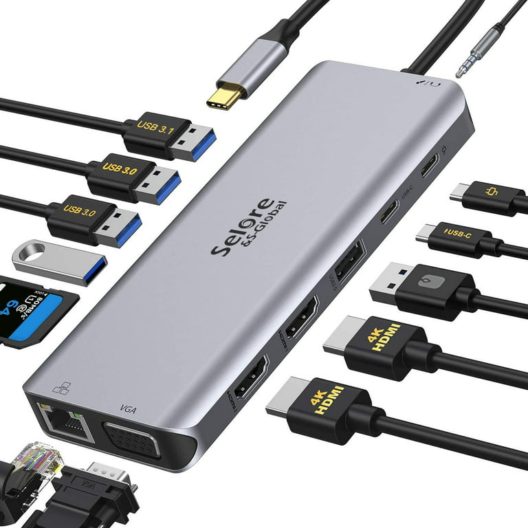 Scully Fremmedgøre vækstdvale Laptop USB C Docking Station Dual Monitor USB 3.0 C Hub Adapter Dual 4K HDMI  VGA 6 USB Data Transfer Ports 10Gpbs Gigabit Ethernet 100W PD Charging  Audio SD/TF (14-in-1) - Walmart.com