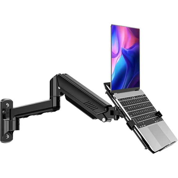 Laptop Wall Mount, 2-in-1 Monitor Mount with Vented Tray fits Max 17" Notebook or 13-32" Computer Screen, Adjustable Arm Holds 4.4-22lbs, Gas Spring Holder Stand