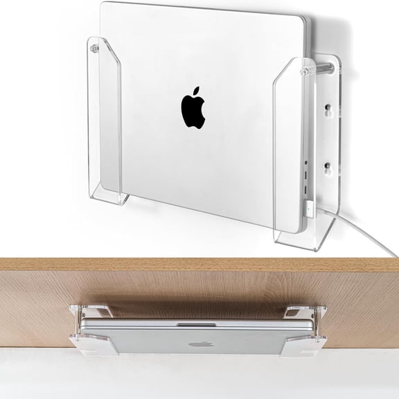 Laptop Wall Mount Holder, Space-Saving Under Desk Laptop Mount with Cable Slots, Supports 1.26" Thick Devices, Compatible with iPad/MacBooks/Surface (Clear)