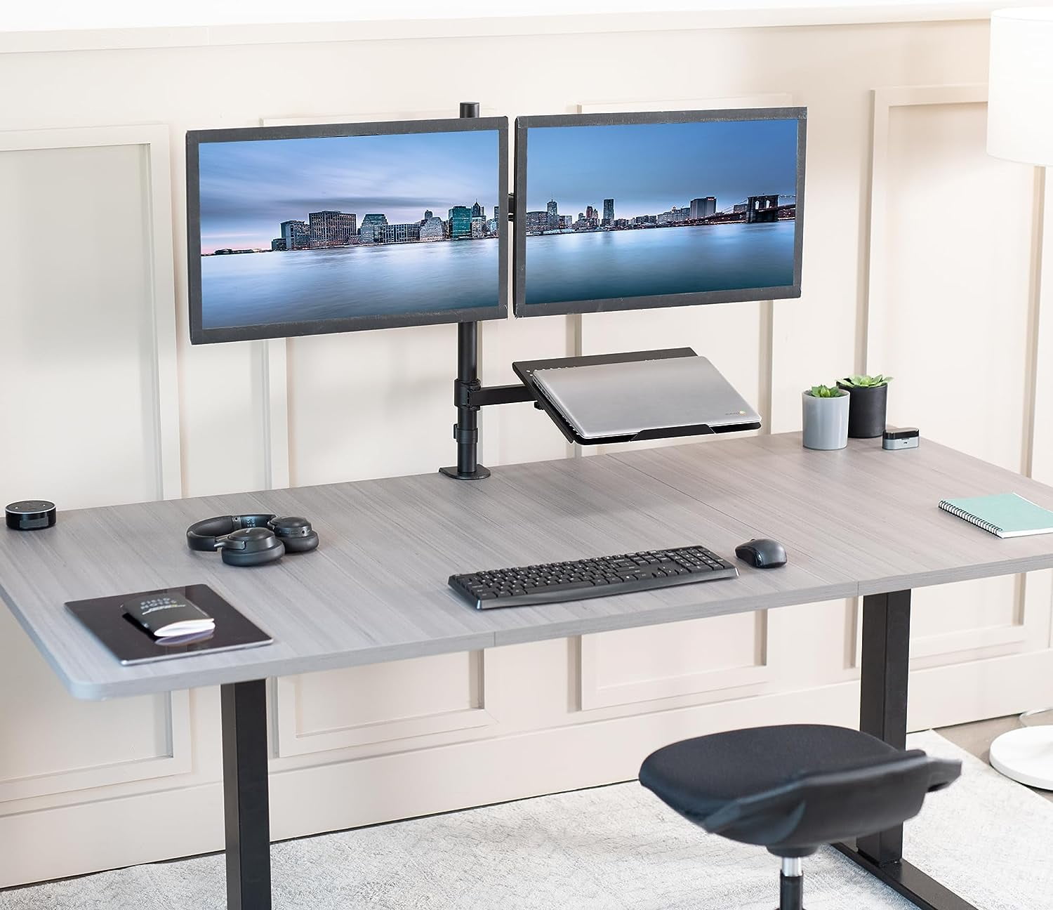 Laptop and Dual Monitor Stand Desk Mount, Tall Adjustable Arm for 13 to 27 Inch Screens with Laptop Tray, Black