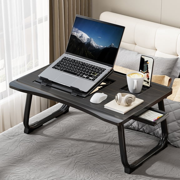 Laptop bed table, bedside laptop table, foldable laptop bed table with 6 height adjustable positions, desktop slot, cup holder, side drawer, portable laptop table for reading or working before bed