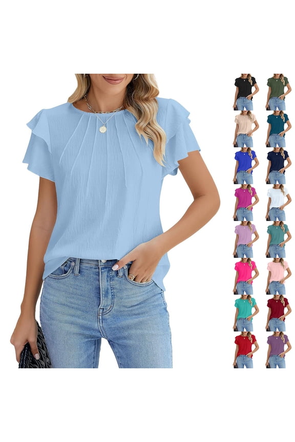Crewneck Pleated Flutter Sleeve Top, Women's Casual Short Sleeve Blouse, Fashion Tiered Ruffle Cap Shirt, Summer Loose Fit Tunic, Lightweight Solid Color Pullover