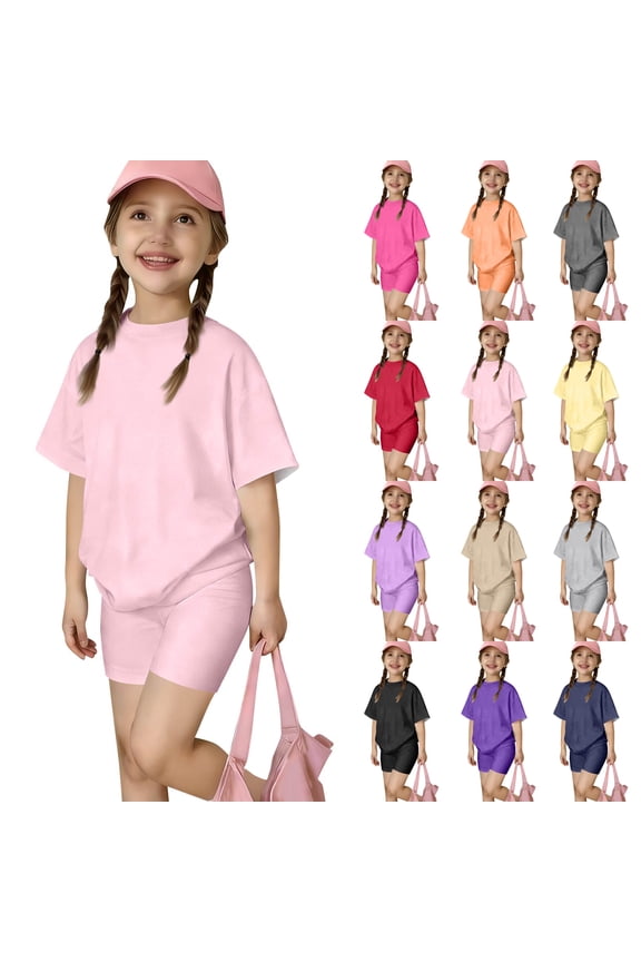 G'i'rls' 2-Piece Summer Activewear Set, Oversized Short Sleeve T-Shirt and Bike Shorts Outfit, Casual Solid Color Todd'l'er G'i'rls' Matching Lounge Set