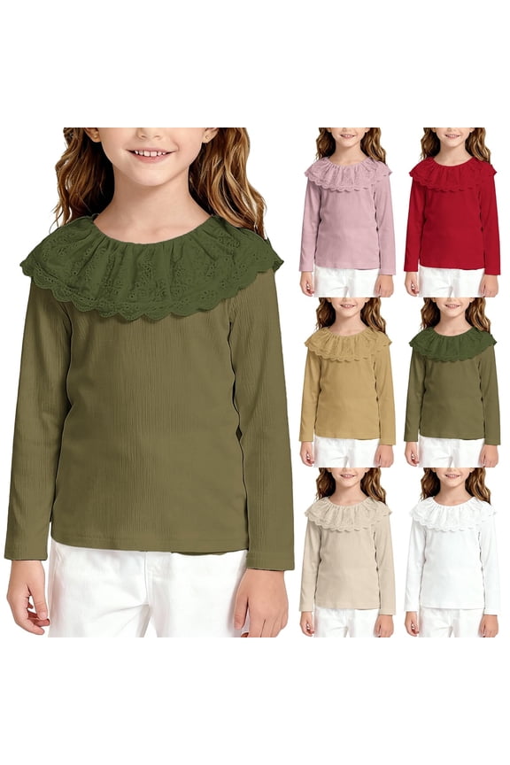 G'i'rls Long Sleeve Ruffle Lace Collar Top School Cute Round Neck Shirt Fashion Blouse Tee, Solid Color Casual Apparel, K'i'ds Boutique Clothing