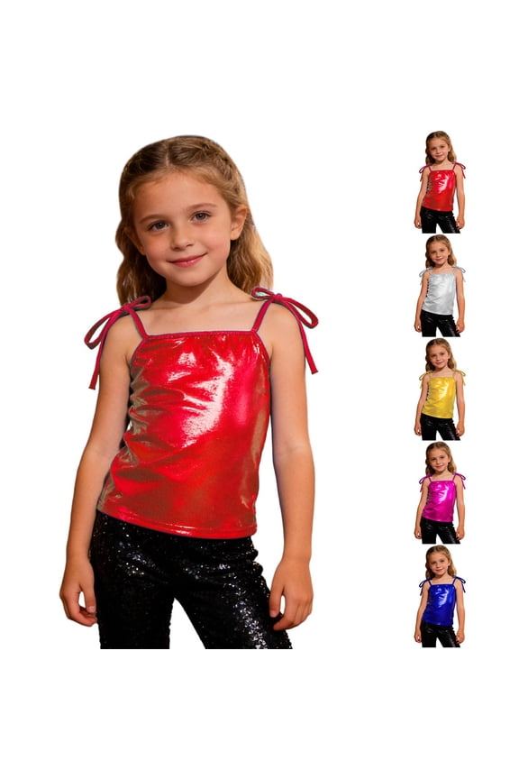 G'i'rls Shiny Metallic Cami Tank Top Adjustable Tie Strap Sleeveless, K'i'ds Jazz Dance Performance Party Festival Apparel, Fashion Gown Clothing