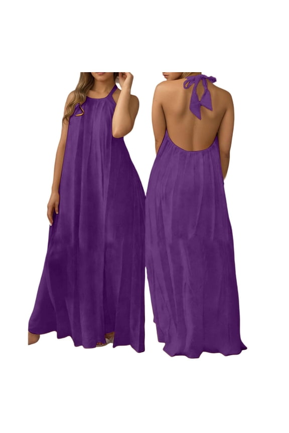 Halter Neck Maxi Dress, Women's Backless Summer Sundress, Loose Fit Cotton Linen Feel Boho Gown with Tie-Back Neckline