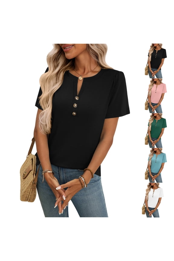 Henley V-Neck T-Shirt for Women, Short Sleeve Cotton Blend Blouse, Fashion Button Split Neck Top, Casual Straight Sleeve Summer Tunic, Modern Solid Color Pullover
