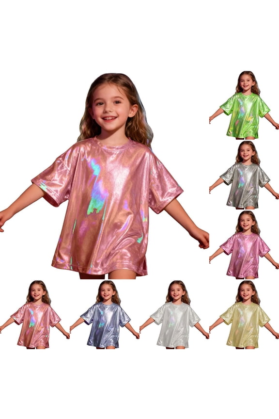 K'i'ds Shiny Metallic Holographic T-Shirt G'i'rls B'o'ys Dance Party Festival Carnival Disco Hip Hop Short Sleeve Crew Neck Top Fashion Apparel Gown