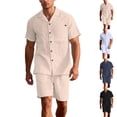 thumbnail image 1 of Laqbezok Men's 2-Piece Linen Set, Casual Short Sleeve Button Down Shirt and Drawstring Shorts Outfit, Relaxed Fit Summer Beach Resort Wear with Pockets, 1 of 6