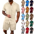 thumbnail image 1 of Laqbezok Men's 2-Piece Pleated Set, Casual Vertical Textured Button Down Shirt and Drawstring Shorts Outfit, Relaxed Fit Summer Beach Resort Wear, 1 of 5