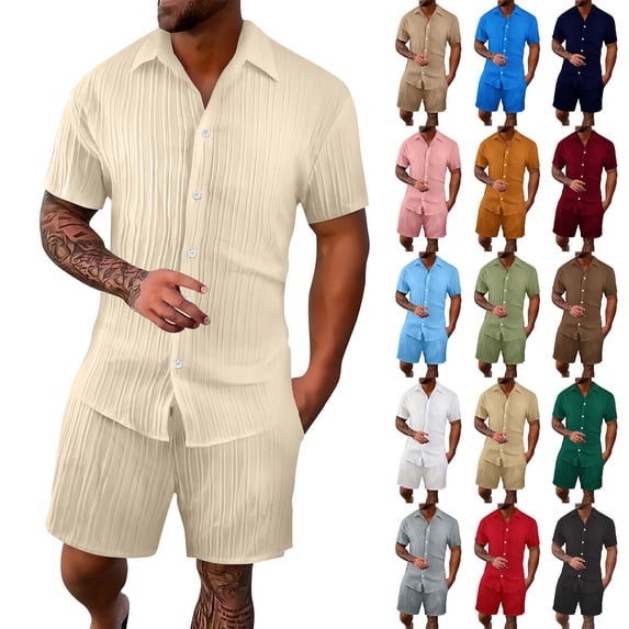 Laqbezok Men's 2-Piece Pleated Set, Casual Vertical Textured Button Down Shirt and Drawstring Shorts Outfit, Relaxed Fit Summer Beach Resort Wear
