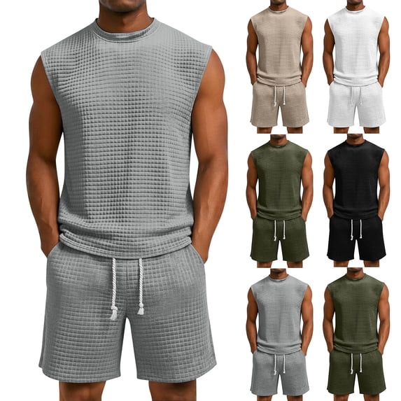 Laqbezok Men's 2-Piece Waffle Knit Summer Set, Sleeveless Athletic Tank Top and Drawstring Shorts Outfit, Casual Lightweight Training Tracksuit with Pockets