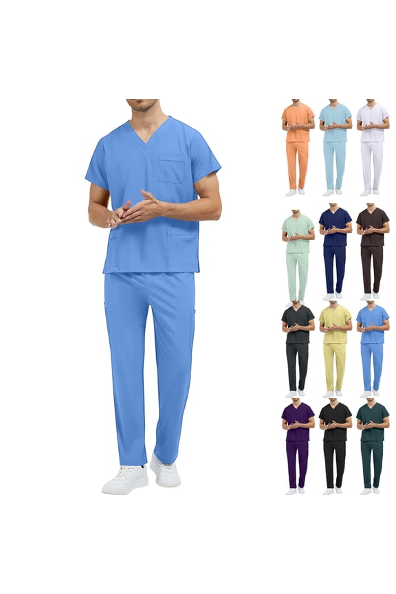 Men's Professional Scrub Set, V-Neck Short Sleeve Medical Uniform with Multiple Pockets, Quick-Dry Breathable Nursing Workwear, Loose Fit Caregiver Scrub Suit
