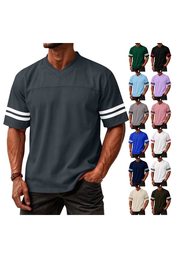 Men's V-Neck Varsity Stripe T-Shirt, Casual Short Sleeve Athletic Tee, Lightweight Breathable Fashion Pullover with Double Sleeve Stripes
