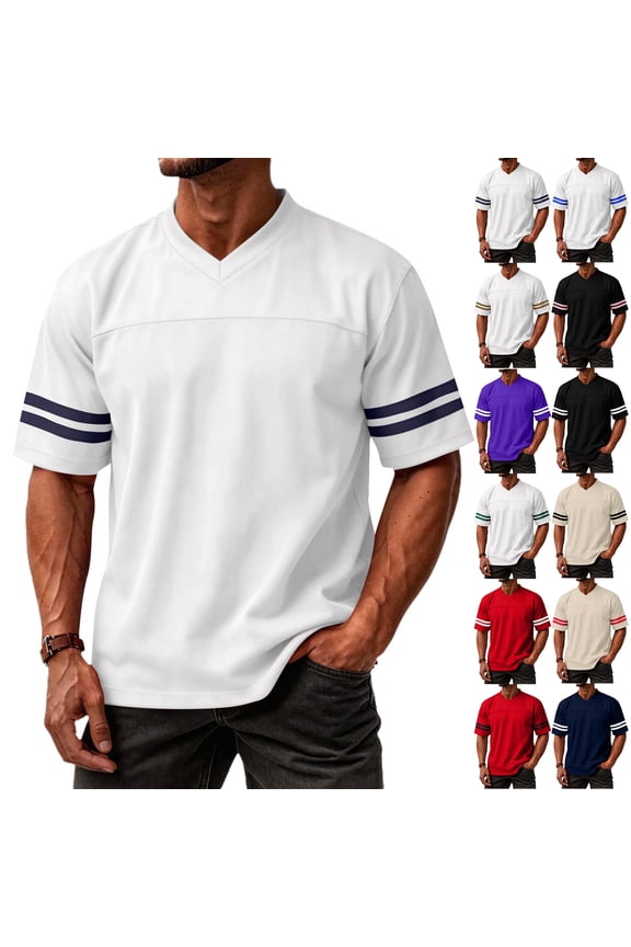 Men's V-Neck Varsity Stripe T-Shirt, Casual Short Sleeve Athletic Tee, Lightweight Breathable Jersey Style Top with Double Sleeve Stripes