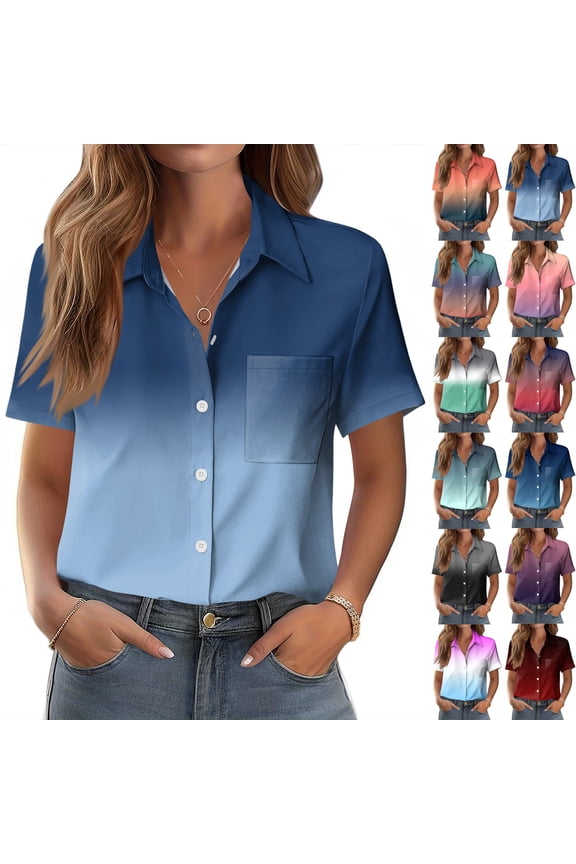 Ombre Button Down Shirt, Women's Gradient Short Sleeve Blouse, Casual Pocketed Top, Fashion Loose Fit Tunic, Modern V-Neck Summer Pullover