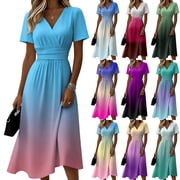 Laqbezok Ombre Gradient Midi Dress, Casual Short Sleeve Cross V-Neck A-Line Summer Dresses, Fashion High Waist Empire Waist Party Vacation Dress