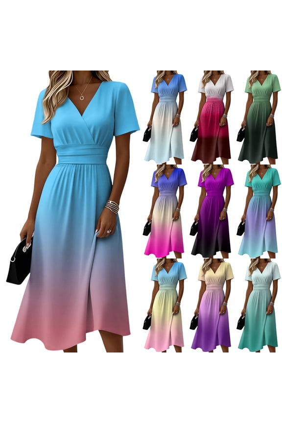 Ombre Gradient Midi Dress, Casual Short Sleeve Cross V-Neck A-Line Summer Dresses, Fashion High Waist Empire Waist Party Vacation Dress