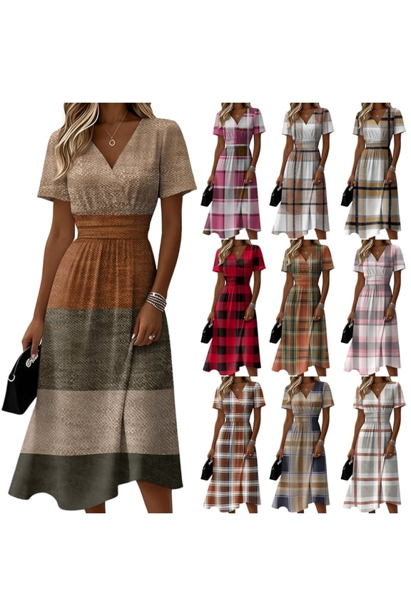 Plaid Short Sleeve Midi Dress, Elegant Ruched High Waist Slimming Check Dress, Casual V-Neck A-Line Flare Fashion Outfit, Classic Tartan Sun Dress