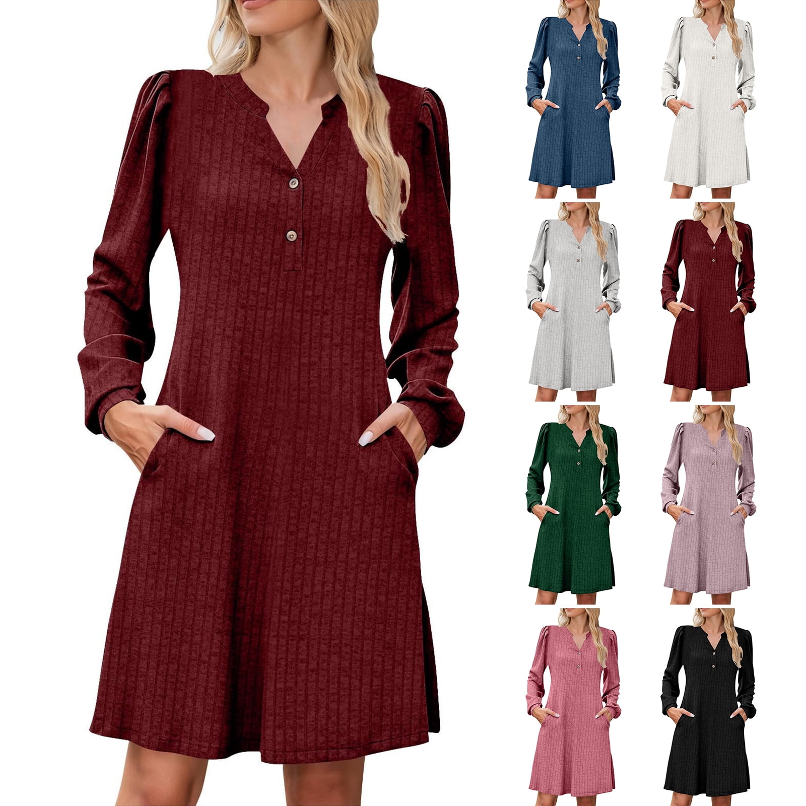 Laqbezok Ribbed Knit Mini Dress, Long Sleeve V-Neck Henley A-Line Dress ...
