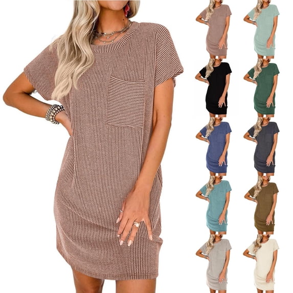 Laqbezok Ribbed Knit Pocket Dress, Casual Textured Vertical Short Sleeve Stripe Mini Dress, Slimming Round Neck Summer T-Shirt Dress, Solid Color Tunic Sun Dress
