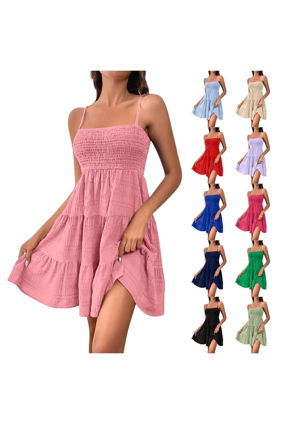 Spaghetti Strap Summer Dress, Smocked Bodice Tiered Ruffle Mini Sun Dress, Casual Sleeveless Beach Party Dress, Solid Color Flowy Short Dress