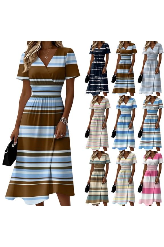 Striped Summer Dress, Casual Short Sleeve Cross V-Neck Midi Dresses, Fashion High Waist Empire Waist A-Line Party Vacation Dress