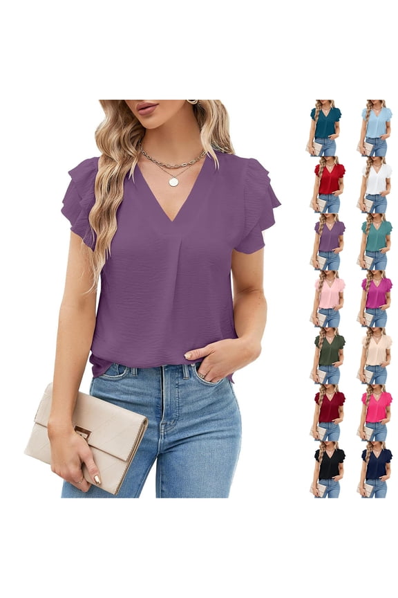 V-Neck Flutter Sleeve Blouse, Women's Casual Short Sleeve Top, Fashion Tiered Ruffle Cap Shirt, Summer Loose Fit Tunic, Lightweight Solid Color Pullover