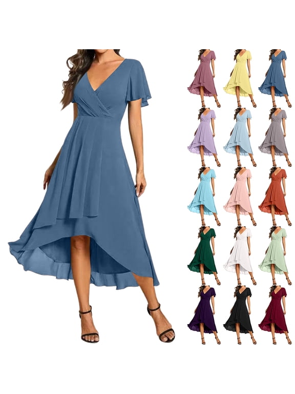 V-Neck Flutter Sleeve Chiffon Dress, Elegant High-Low Layered Graduation Prom Dress, Flowy A-Line Summer Cocktail Sun Dress, Formal Gown for Party Wedding