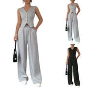 Laqbezok Women's 2-Piece Elegant Vest and Wide Leg Pants Set, Casual V-Neck Button Down Waistcoat and Trousers Outfit, Modern Business Casual Suit with Pockets