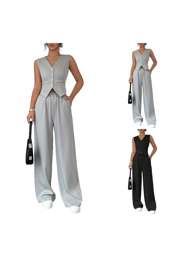 Women's 2-Piece Elegant Vest and Wide Leg Pants Set, Casual V-Neck Button Down Waistcoat and Trousers Outfit, Modern Business Casual Suit with Pockets
