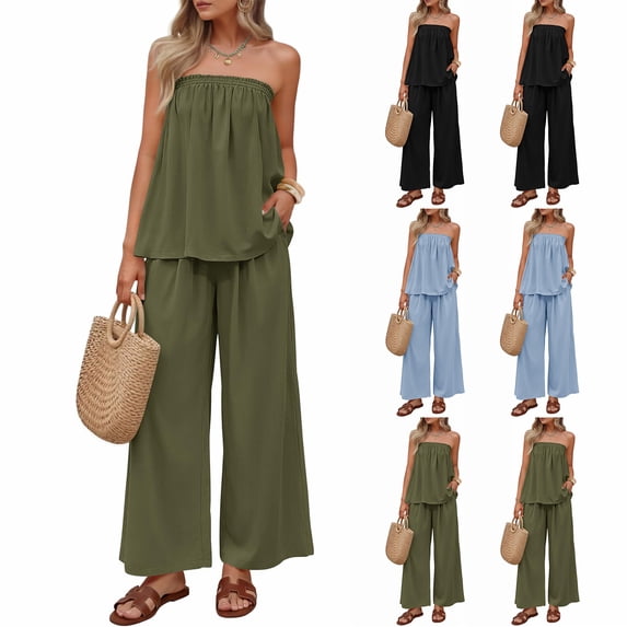 Laqbezok Women's 2-Piece Summer Set, Sexy Strapless Tube Top and High Waisted Wide Leg Pants Outfit, Casual Solid Color Lounge Tracksuit with Pockets