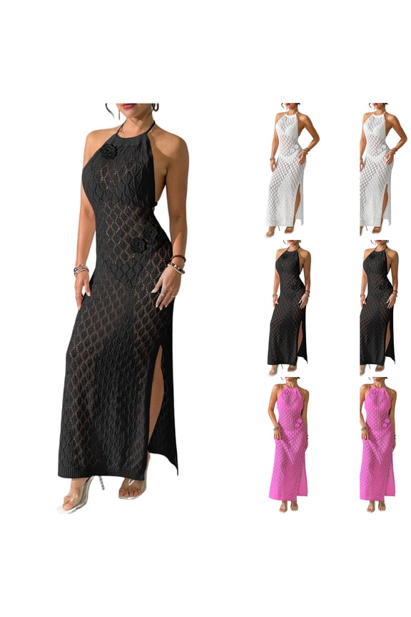 Women's 3D Floral Crochet Maxi Dress, Sexy Backless Halter Neck Hollow Out Gown, Sleeveless Knit Beach Cover Up with Side Slit