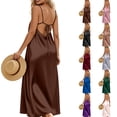 thumbnail image 1 of Laqbezok Women's Backless Maxi Satin Slip Dress, Sexy Spaghetti Strap Long Gown, Flowy Summer Vacation Tie-Back Sundress, 1 of 5