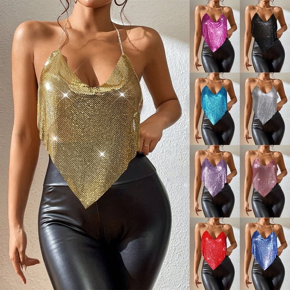 Laqbezok Women's Backless Sequin Halter Top, Handkerchief Hem Metallic Cami, Sexy Party Rave Night Out Outfit
