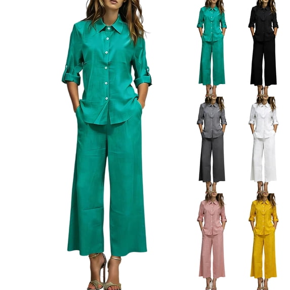 Laqbezok Women's Cotton Linen 2-Piece Set, Casual 3/4 Sleeve Button Down Shirt and Wide Leg Pants Outfit, Loose Fit Solid Color Summer Lounge Tracksuit with Pockets