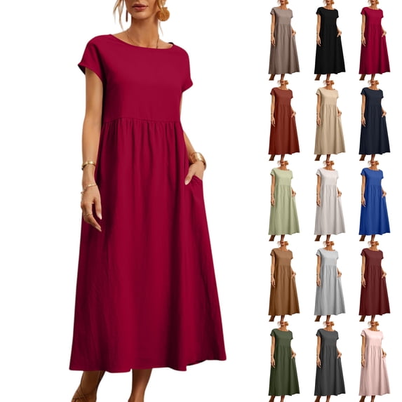 Laqbezok Women's Cotton Linen Blend Midi Dress, Short Sleeve Empire Waist Casual Sundress, A-Line Flowy Summer Gown with Pockets