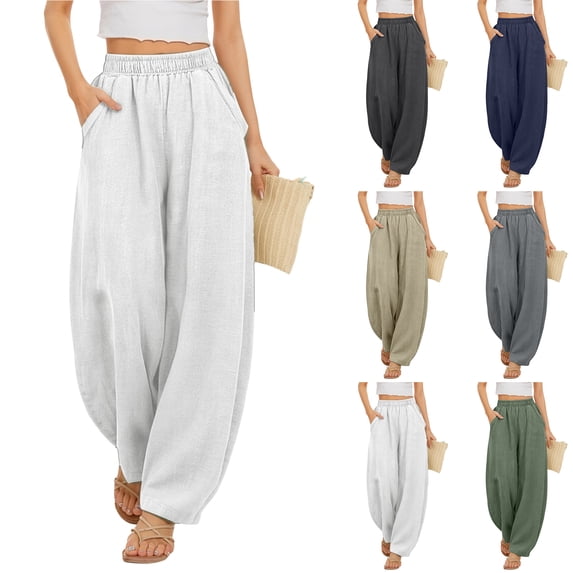 Laqbezok Women's Cotton Linen Harem Pants, High Waist Loose Trousers with Pockets, Casual Boho Lantern Pants for Summer Beach Travel