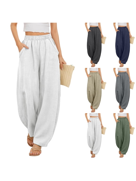 Women's Cotton Linen Harem Pants, High Waist Loose Trousers with Pockets, Casual Boho Lantern Pants for Summer Beach Travel