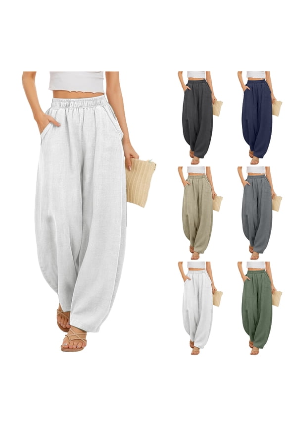 Women's Cotton Linen Harem Pants, High Waist Loose Trousers with Pockets, Casual Boho Lantern Pants for Summer Beach Travel